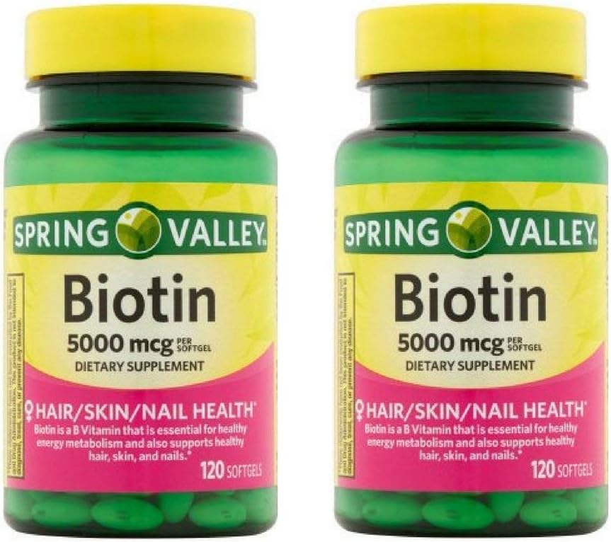 Two bottles of Spring Valley Biotin 5000 mcg softgels